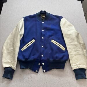 Vtg 80s 90s DeLong Classics Letterman Bomber Jacket Blue Wool Blank Size 38 USA